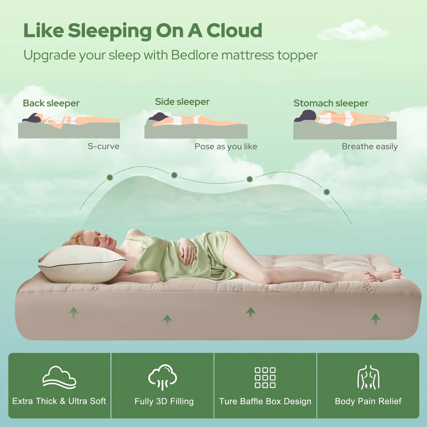 ☁️Cooling Mattress Topper for Back Pain - Extra Thick Fitted Sheet